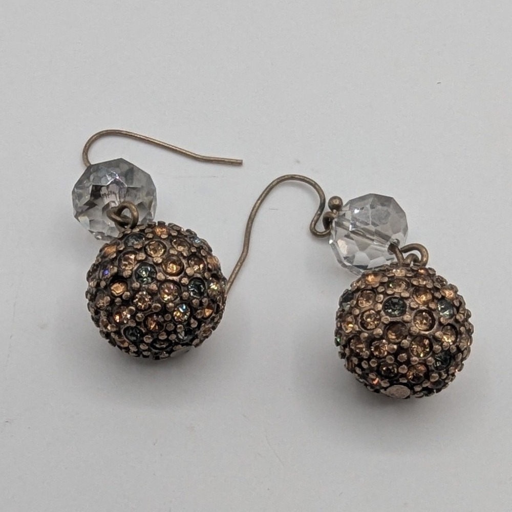 Bronze Rhinestone Pave Disco Ball Drop Earrings Clear Crystal Bead Dangle 1.25in